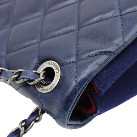 Chanel  Classic Single Flap Wool Leather Shoulder Bag Navy Blue - Picture 5 of 10
